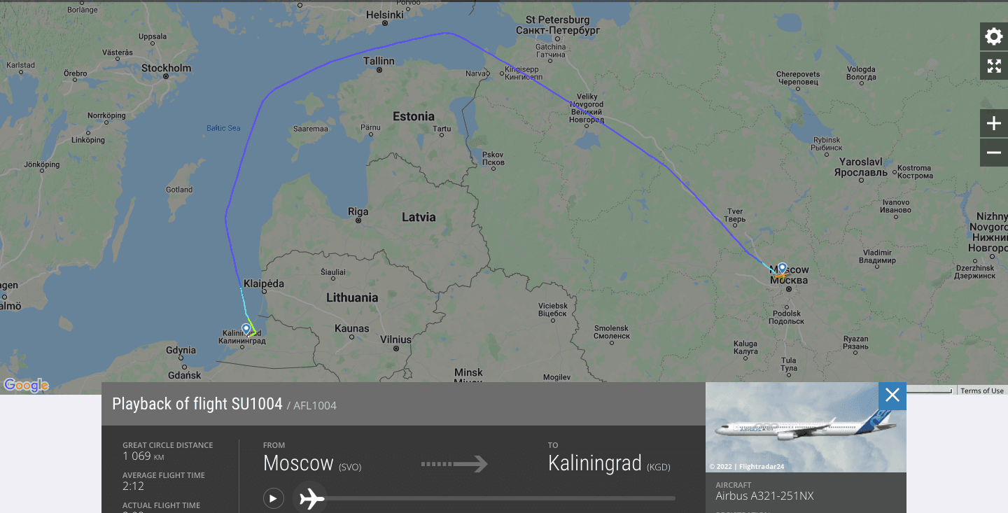 Маршрут самолёта Москва-Калининград