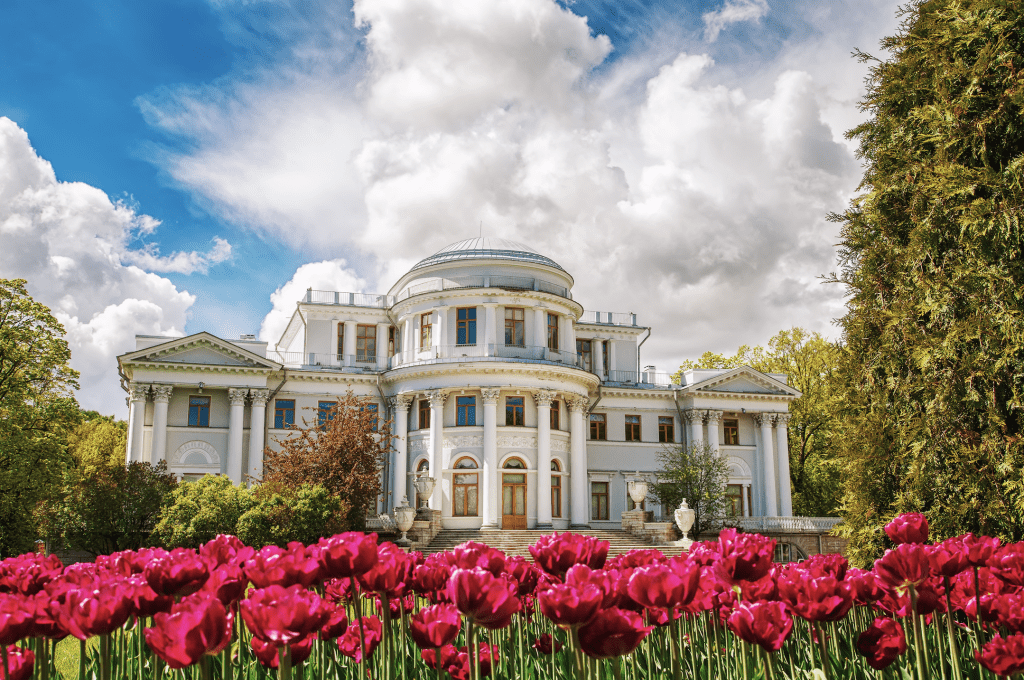 Дворец на фоне цветущих тюльпанов