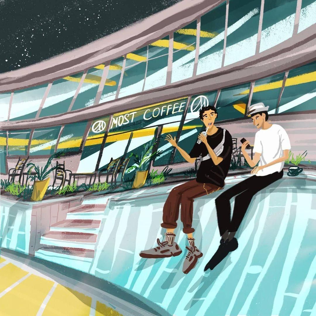 Вид кафе с сидящими разговаривающими людьми