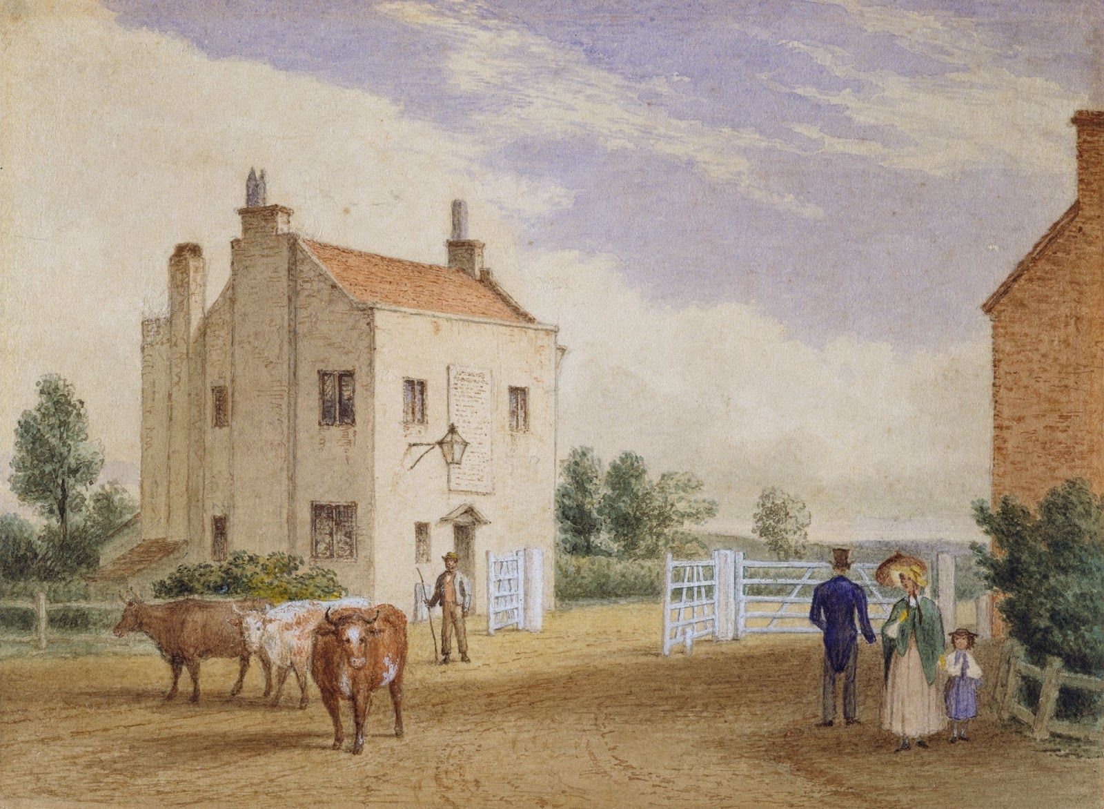 Вид поместья с коровами и дорожками, посыпанными гравием