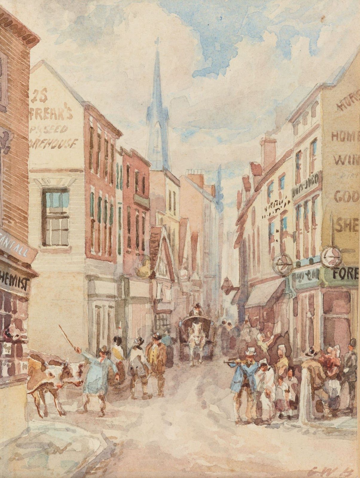 Английский город, шпили храмов, дома и толпа людей