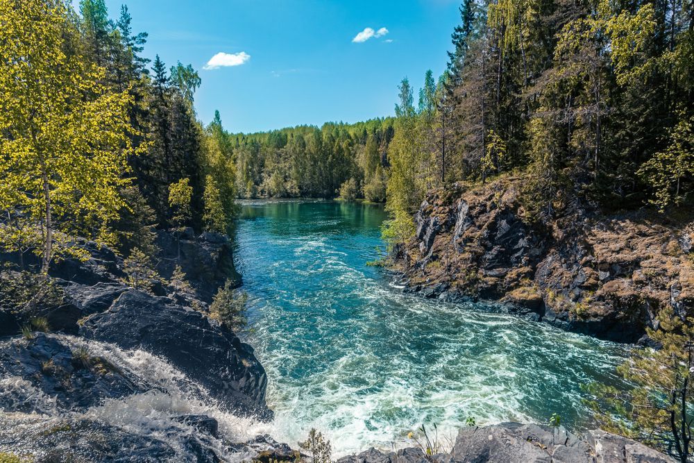 Бурная река посреди леса в Карелии